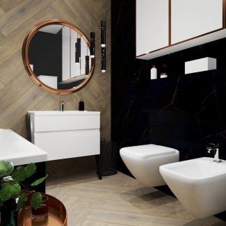 Klimatyczna łazienka z czarnym marmurem i drewnianą jodełką z dodatkiem miedzi