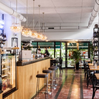 widok na główną salę: zieleń, regały, stoliki a w tle ogród