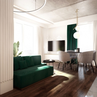 Elegancki salon z zieloną kanapą