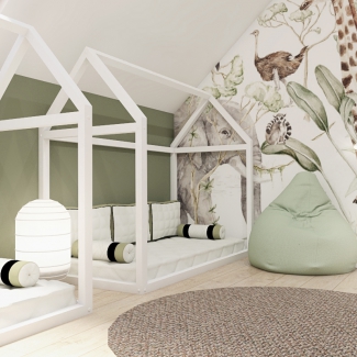 Projekt pokoju dla dwójki dzieci w domu jednorodzinnym.