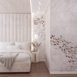 Sypialnia z tapicerowaną ścianą