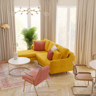 Kolorowe mieszkanie w odcieniach żółci, zieleni i różu - salon z żółtą kanapą