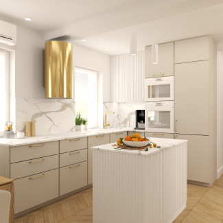 Kuchnia z wyspą i złotymi dodatkami
